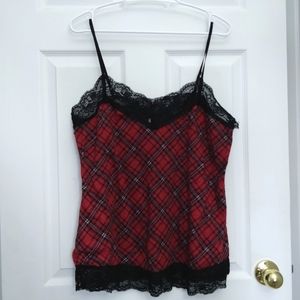 Red Plaid Flirty Black Lace Sleeveless Top